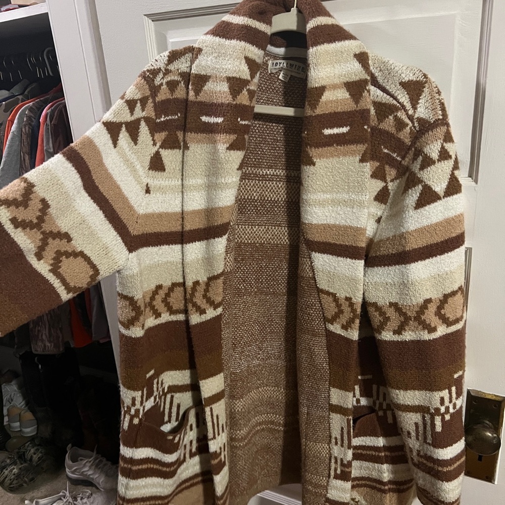 Brown and Cream Geometric Knit Cardigan